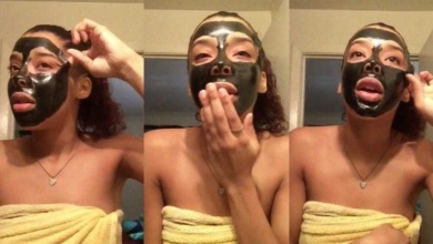 Ela experimentou máscara de beleza pela primeira vez. fr