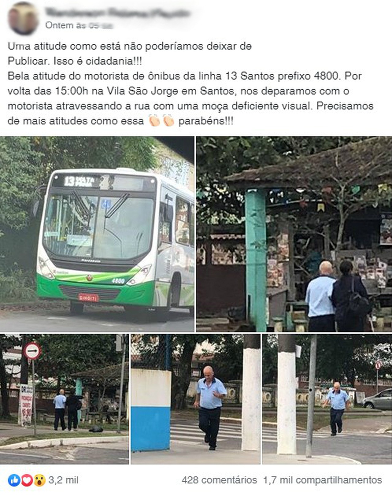 Motorista viraliza na web ao parar ônibus para ajudar mulher cega a atravessar a rua em SP