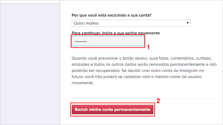 Inserindo a senha e clicando em excluir minha conta permanente