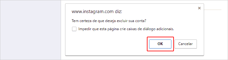 Confirmando a exclusão da conta do Instagram