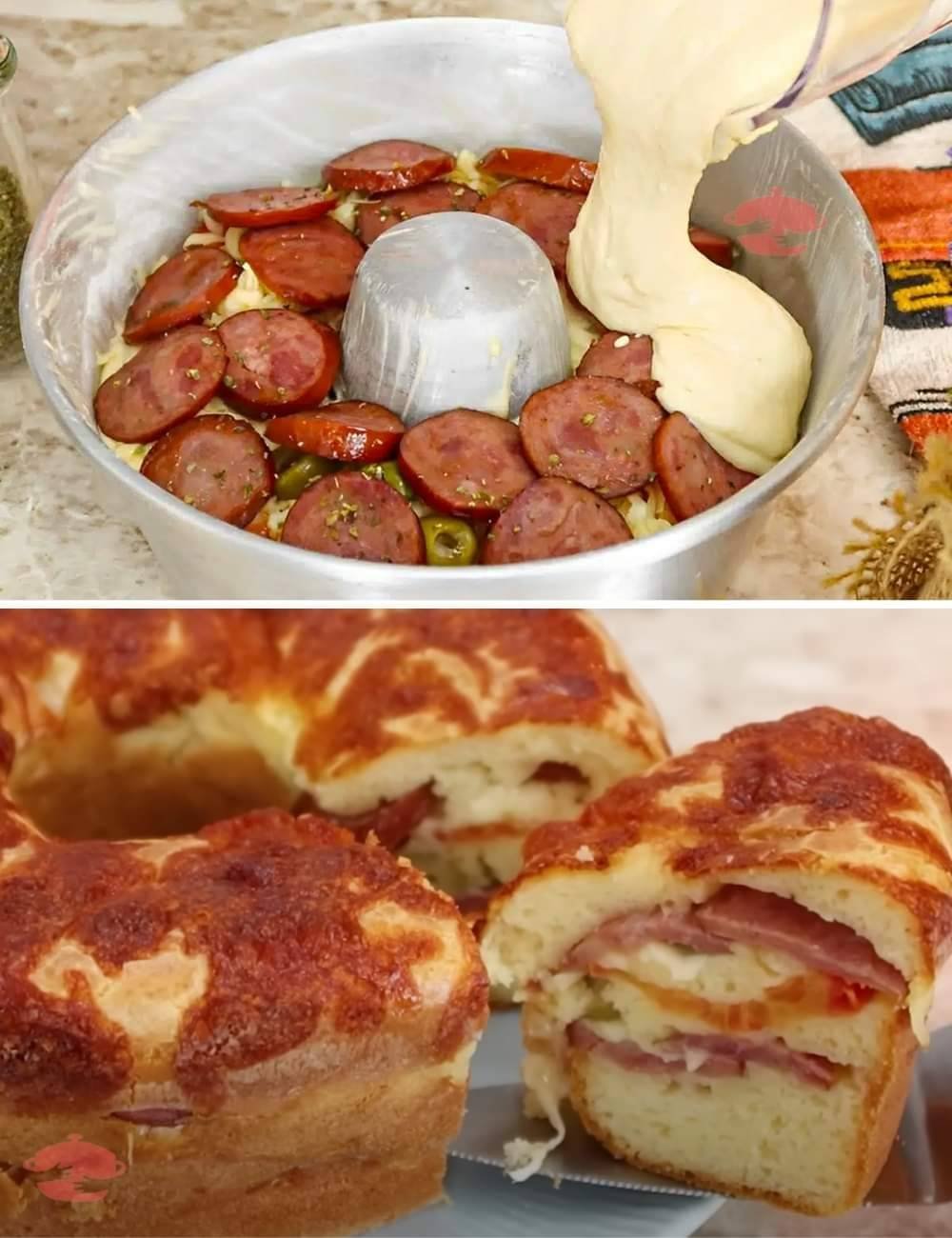 Lanche de forno feito no liquidificador recheado com calabresa e muçarela uma delícia